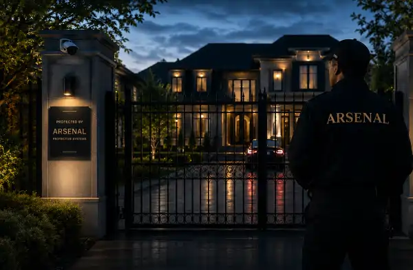 A large, opulent home protected by a gate and security personnel